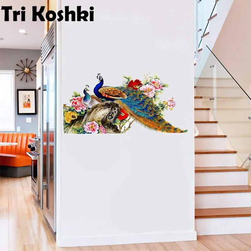 Tri koshki RC056 Наклейка на стену с художественным принтом в виде цветов Павлина, Водонепроницаемая Наклейка из ПВХ, украшение для дома, наклейки на дверь, гостиную, Изголовье кровати.