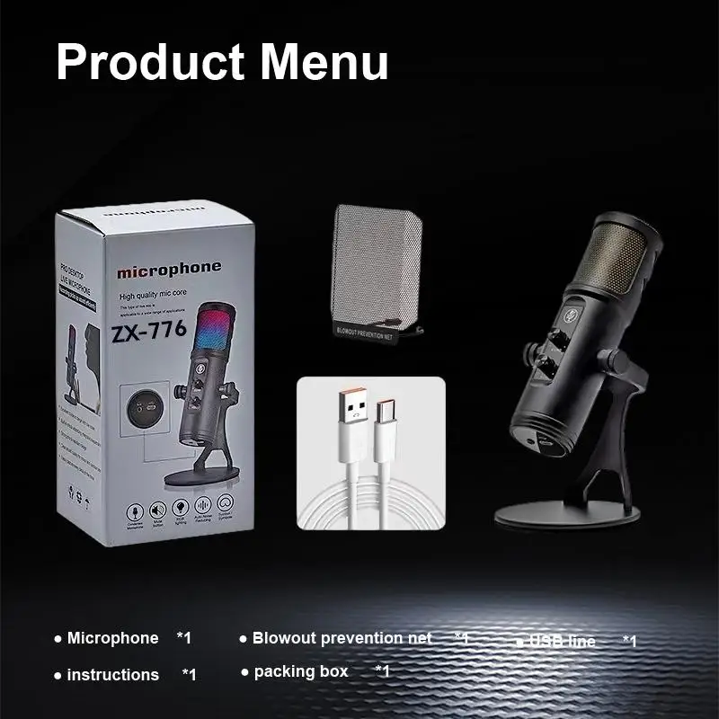 Usb-микрофон Zx 776 Микрофон с RGB и защитой от брызг Подключи и играй для компьютера Прямая трансляция и запись