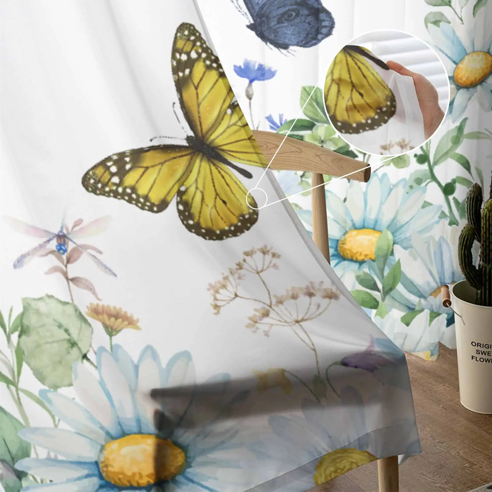 Акварельный цветок, бабочка, тюлевые шторы для гостиной, прозрачная занавеска для спальни, кухонные жалюзи, Вуалевые шторы