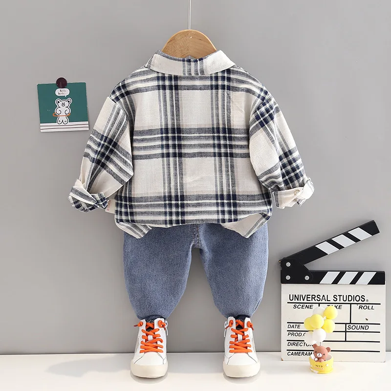 Весенне-осенняя Детская одежда для маленьких мальчиков Хлопчатобумажные клетчатые рубашки с длинными рукавами, джинсовые брюки, 2 шт. / компл., одежда для малышей, детские костюмы