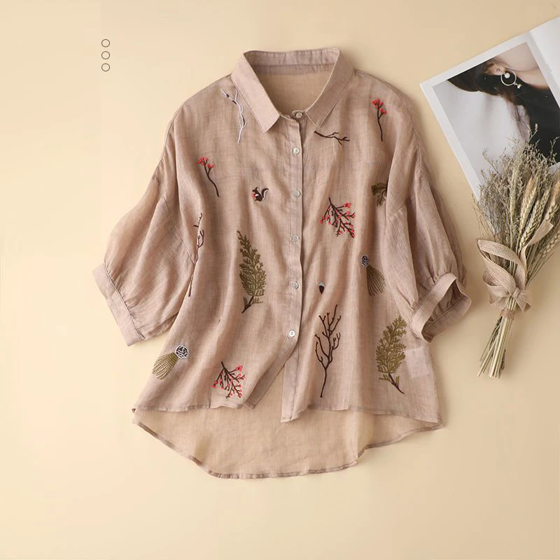 Кнопка винтажные женские элегантные вышивка хлопок белье летние рубашки повседневные 3/4 рукав блузка шикарные свободные нерегулярные топы blusas