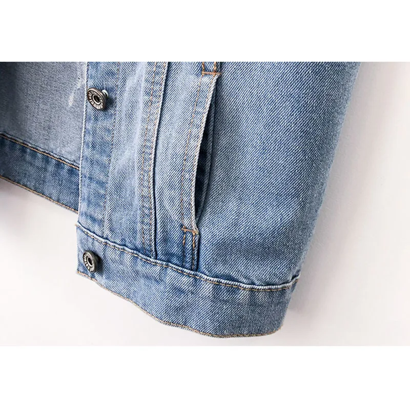 Корейский джинсовый жилет с дырками в кармане, женский Винтажный синий потертый Тонкий короткий жилет, Ковбойская куртка без рукавов, тонкие джинсовые жилеты, женские