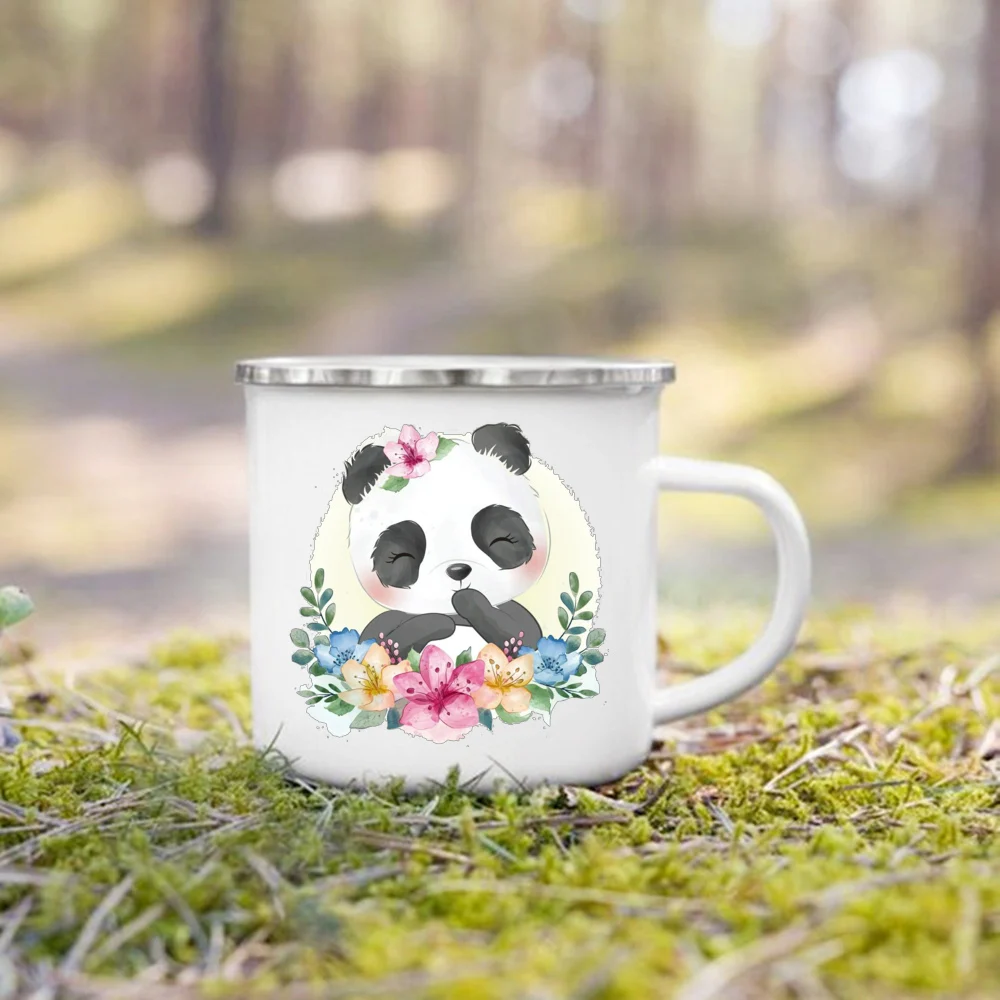Креативный эмалированный стакан с изображением цветочной панды, стаканы для воды, десерта, молока для завтрака, детские кружки, кружка с ручкой, подарки на день рождения для детей