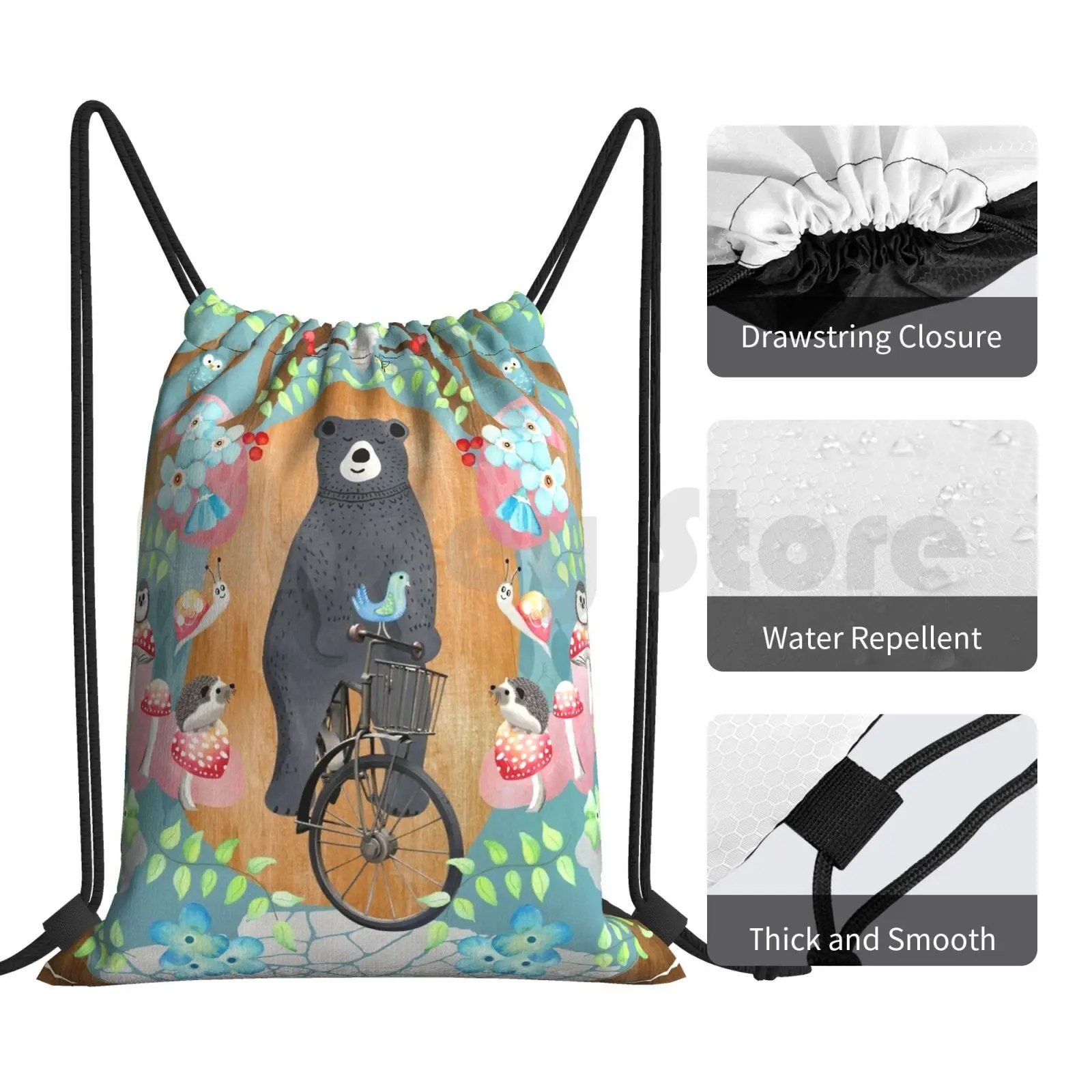 Медведь Едет на велосипеде с рюкзаком Forest Friends, сумками на шнурке, спортивной сумкой, Водонепроницаемым Медведем, Велосипедом, Очарованным лесной Листвой