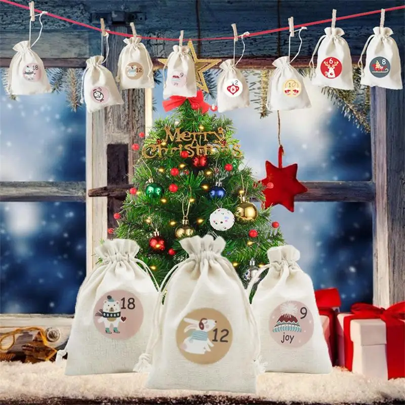 Мини Рождественские сумки со шнурком 24шт Ретро льняные сумки на шнурке для рождественской вечеринки с обратным отсчетом времени, украшения для настенного камина