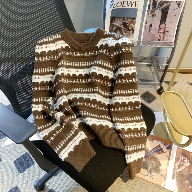 Осенне-зимний повседневный офисный свитер в полоску с круглым вырезом и длинным рукавом DALMAZZO, Женский пуловер, модные Свободные толстые теплые вязаные топы