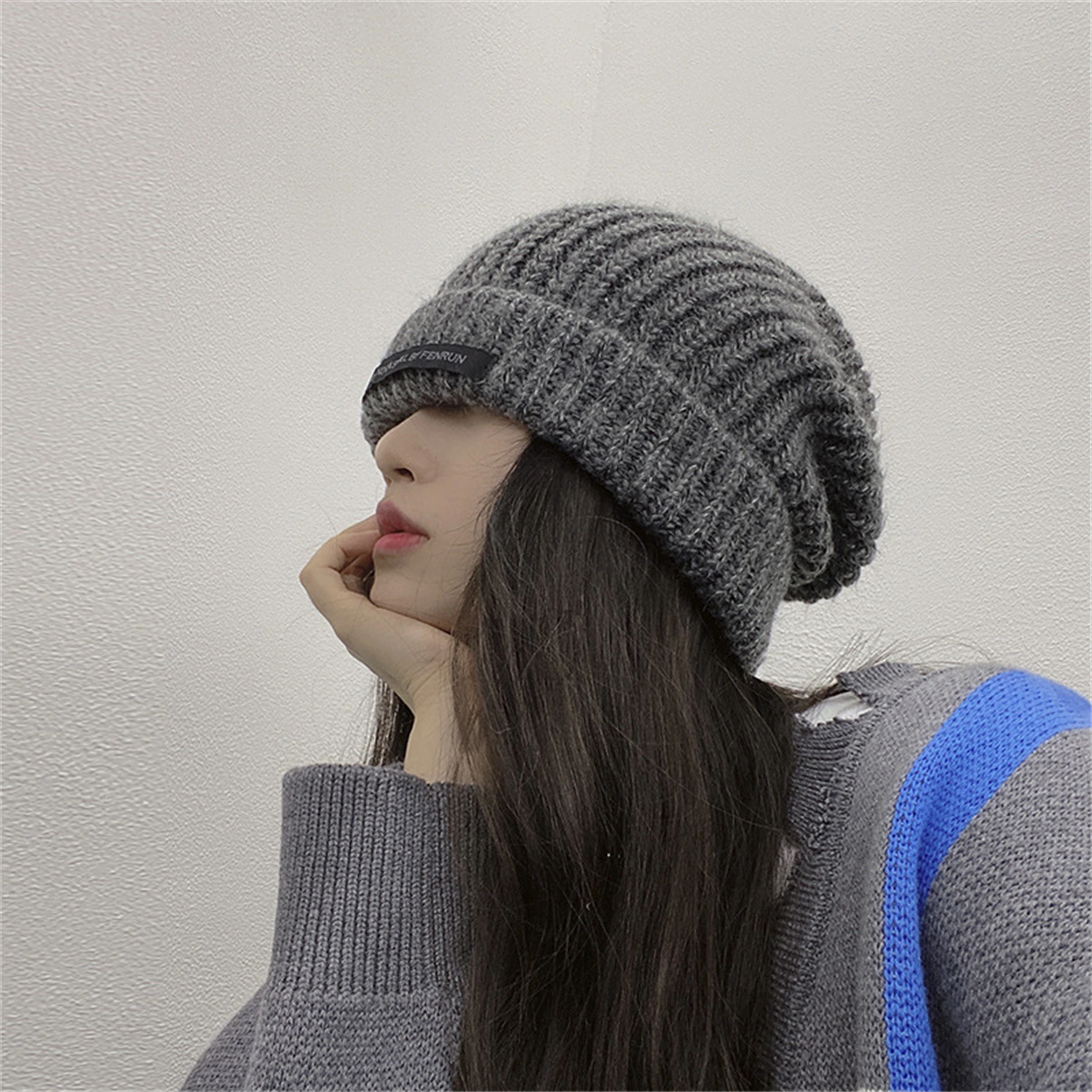 Осенне-зимняя женская шапка, свободная черная шерстяная шапка, холодная шапка, модная Instagram, универсальная теплая вязаная шапка