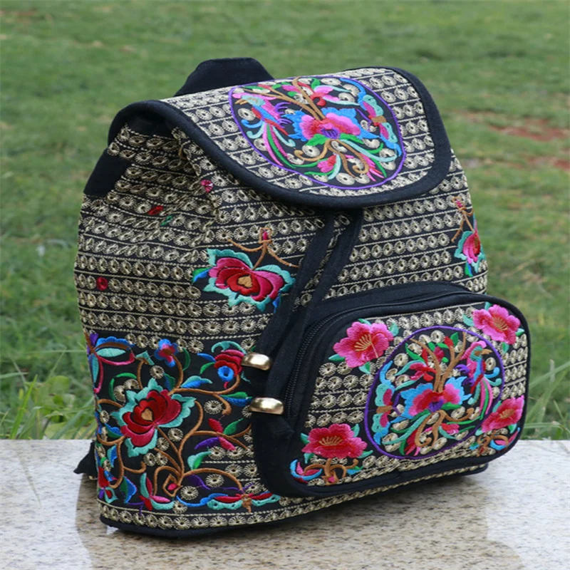 Повседневные холщовые рюкзаки с цветочной вышивкой, этнические школьные сумки для девочек, женские винтажные рюкзаки с несколькими карманами, дорожные сумки с клапанами