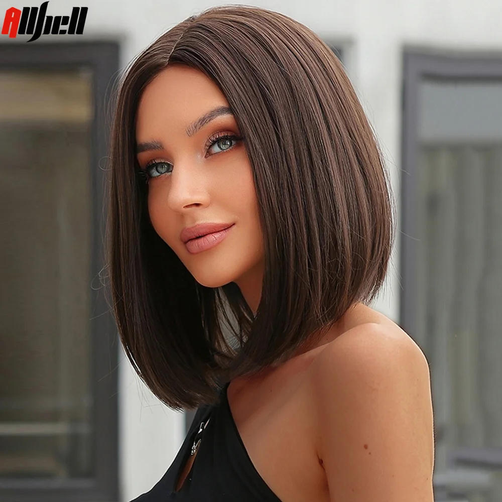 Темно-коричневый синтетический парик средней части для ежедневного косплея Короткие прямые парики Боб для чернокожих женщин из натуральных волос высокой температуры
