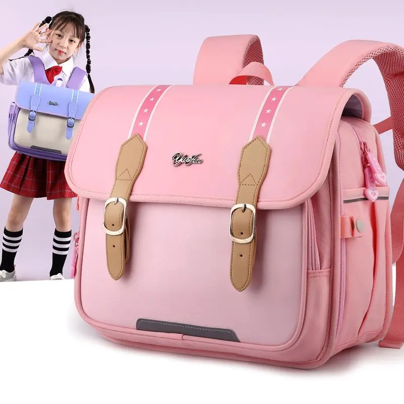 Школьный ранец для учащихся начальной школы Модный горизонтальный из искусственной кожи большой емкости, легкая защита позвоночника, милые школьные рюкзаки