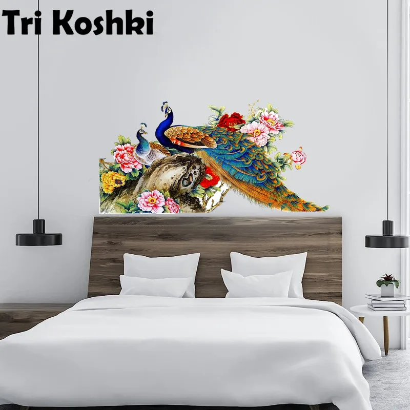 Tri koshki RC056 Наклейка на стену с художественным принтом в виде цветов Павлина, Водонепроницаемая Наклейка из ПВХ, украшение для дома, наклейки на дверь, гостиную, Изголовье кровати.
