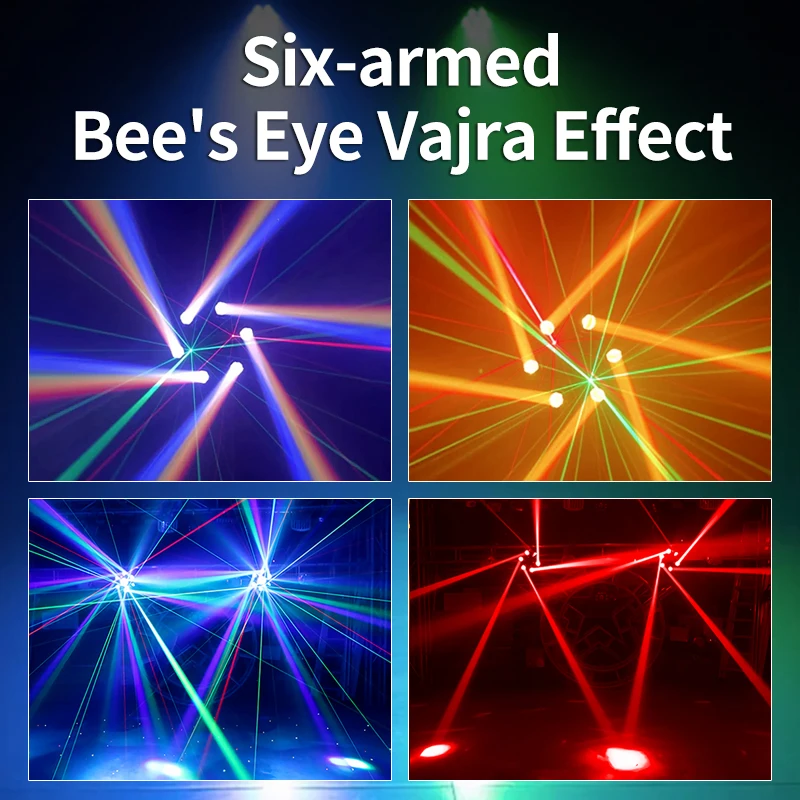 Красочный RGBW с 6-рычажными Пчелиными Глазами, Лазерный светодиодный луч, Стробоскоп, Движущийся головной свет с управлением DMX для дискотеки Dj Stage Party