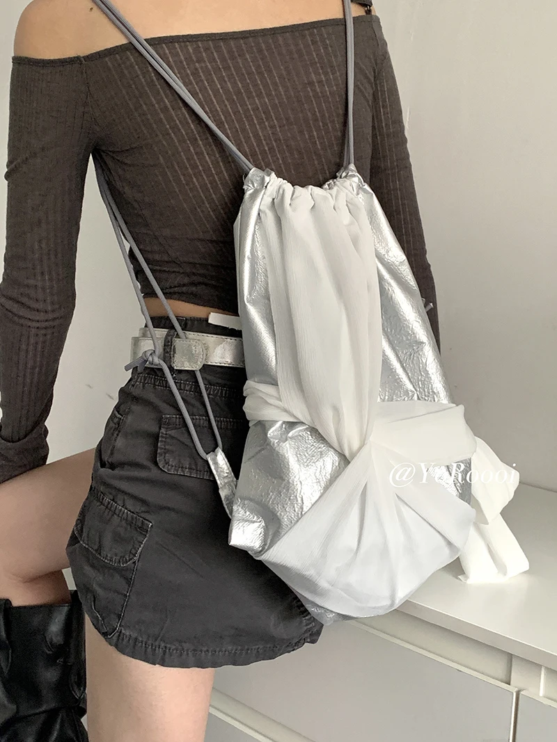 Новый Функциональный Серебристо-белый Корейский рюкзак Miyagawa на шнуровке с бантом Модные Женские рюкзаки Cusal Spicy Girl Y2k Бандажный рюкзак