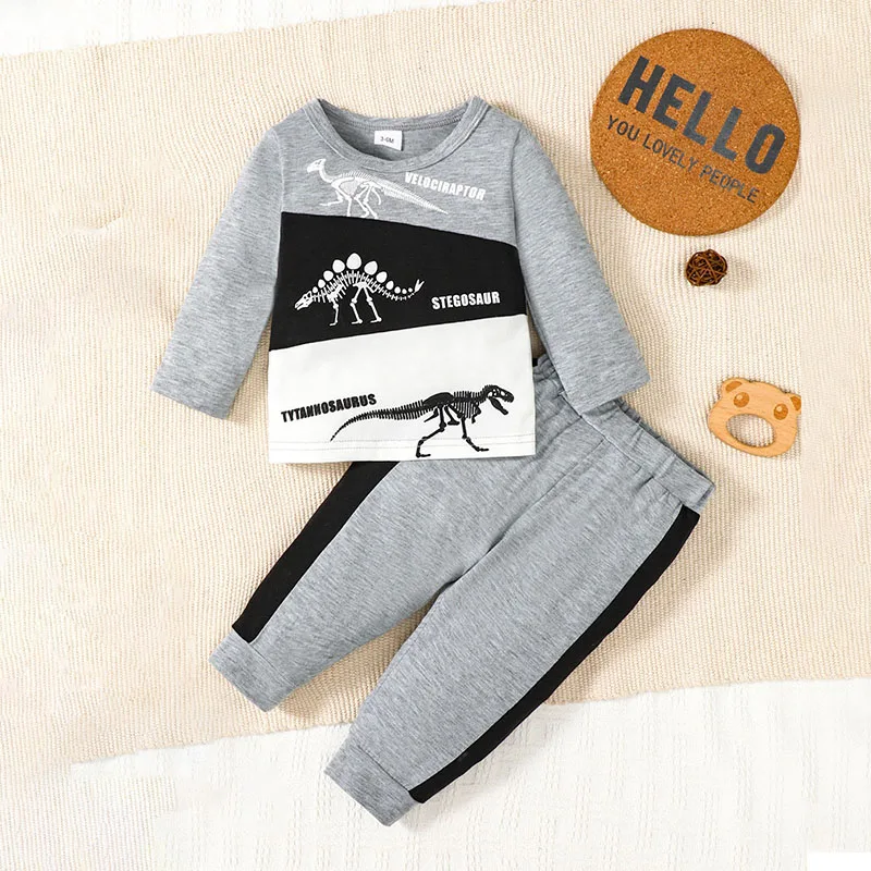 Одежда для мальчика из 2 предметов, толстовка с длинными рукавами и эластичными штанами с принтом окаменелостей динозавров для малышей, осенняя одежда