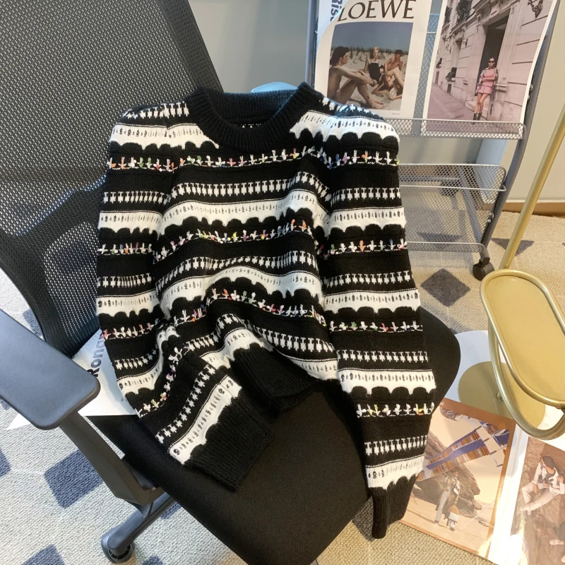 Осенне-зимний повседневный офисный свитер в полоску с круглым вырезом и длинным рукавом DALMAZZO, Женский пуловер, модные Свободные толстые теплые вязаные топы