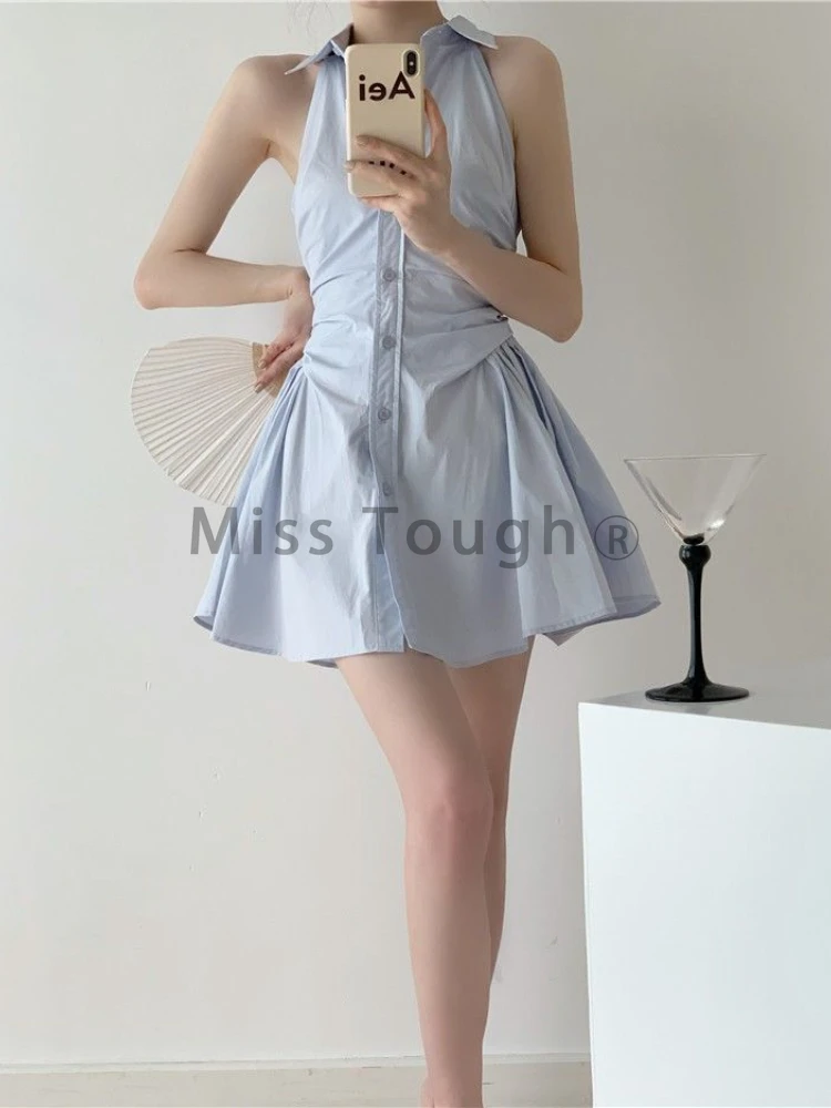 Синее элегантное платье-рубашка в офисном стиле, женское мини-платье без рукавов в Корейском стиле, шикарное Дизайнерское цельное платье Лето 2022
