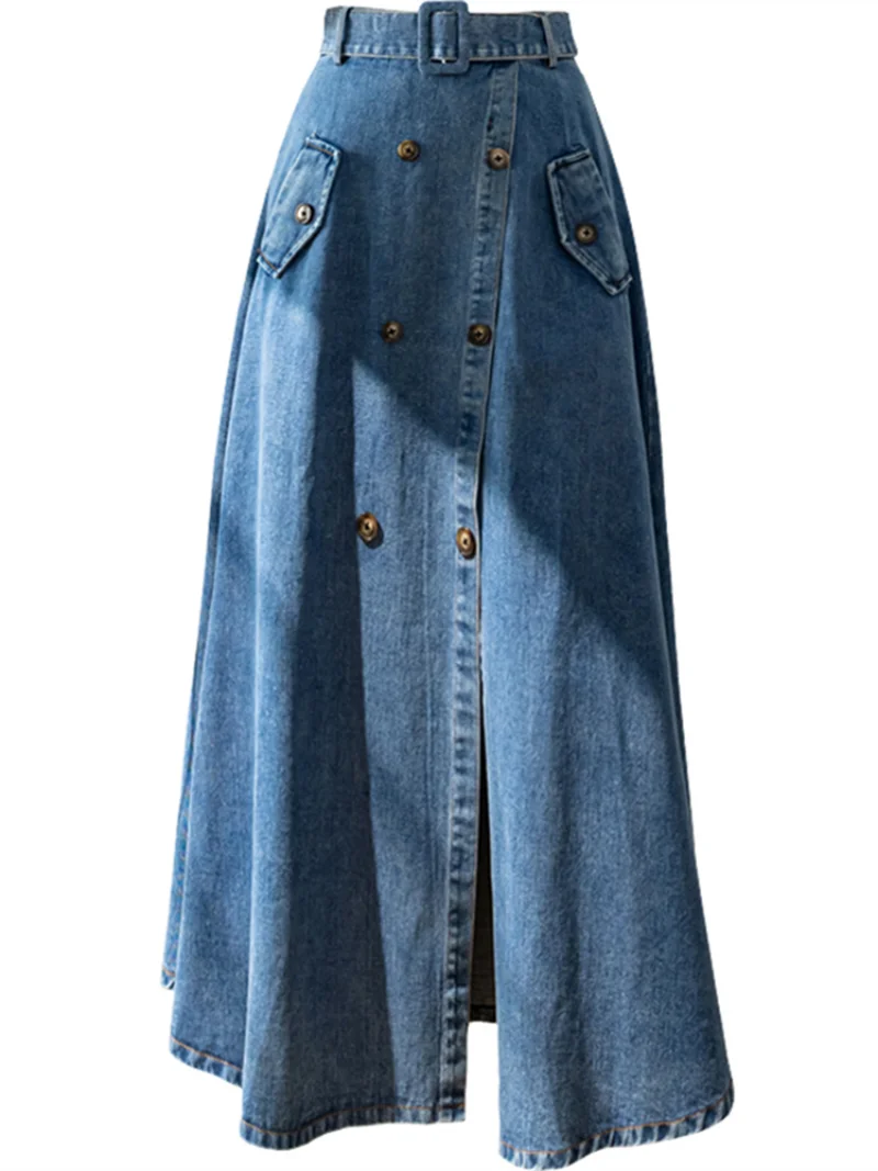 2023 Модная Женская Джинсовая Длинная юбка с Высоким поясом Wasit, Двубортные Джинсовые юбки-зонтики, Женская Прямая юбка Трапециевидной формы