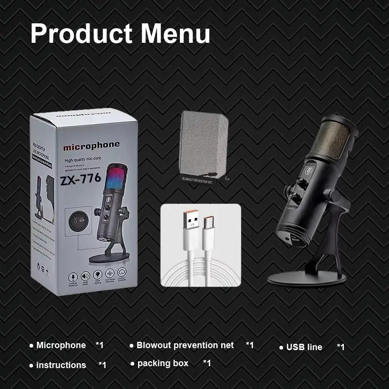 Usb-микрофон Zx 776 Микрофон с RGB и защитой от брызг Подключи и играй для компьютера Прямая трансляция и запись