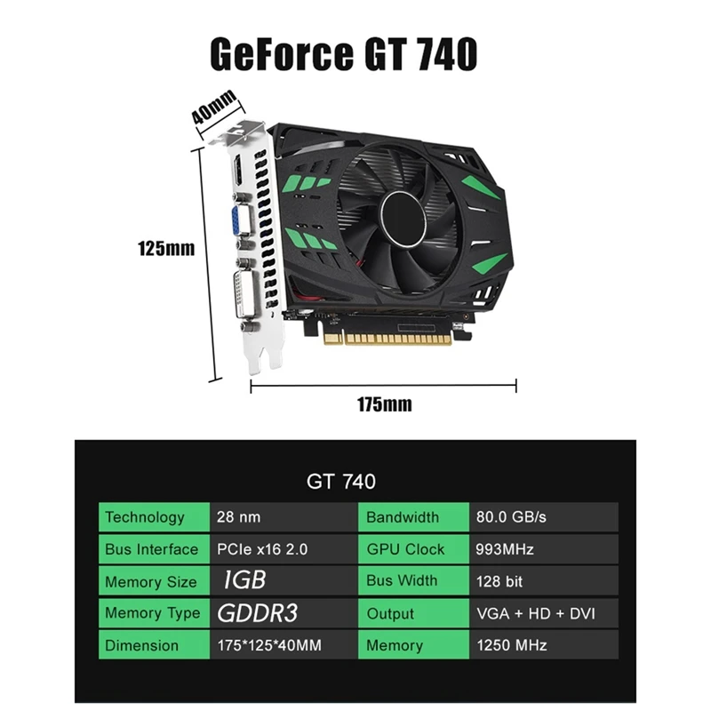Видеокарта Geforce GT740 1GB GDDR3 Черная Видеокарта 128 Бит 993 МГц 1250 МГц 28 Нм Pcle X16 2.0 VGA + HD + DVI Видеокарта