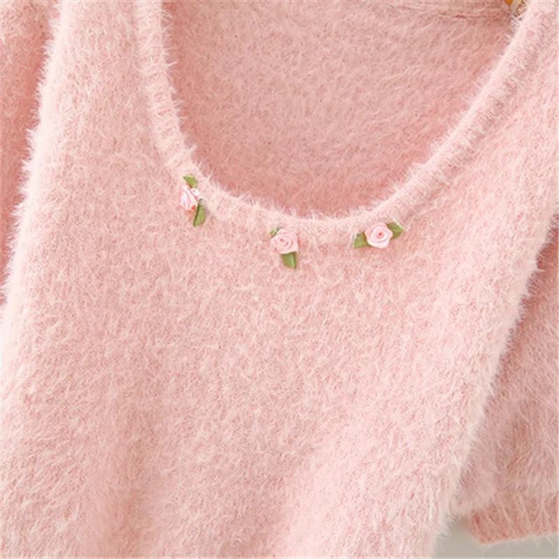 Осень 2022, укороченный топ, женский укороченный свитер, вязаный розовый свитер, корейский цветочный свитер, милый пуловер с квадратным вырезом, топ с пышными рукавами