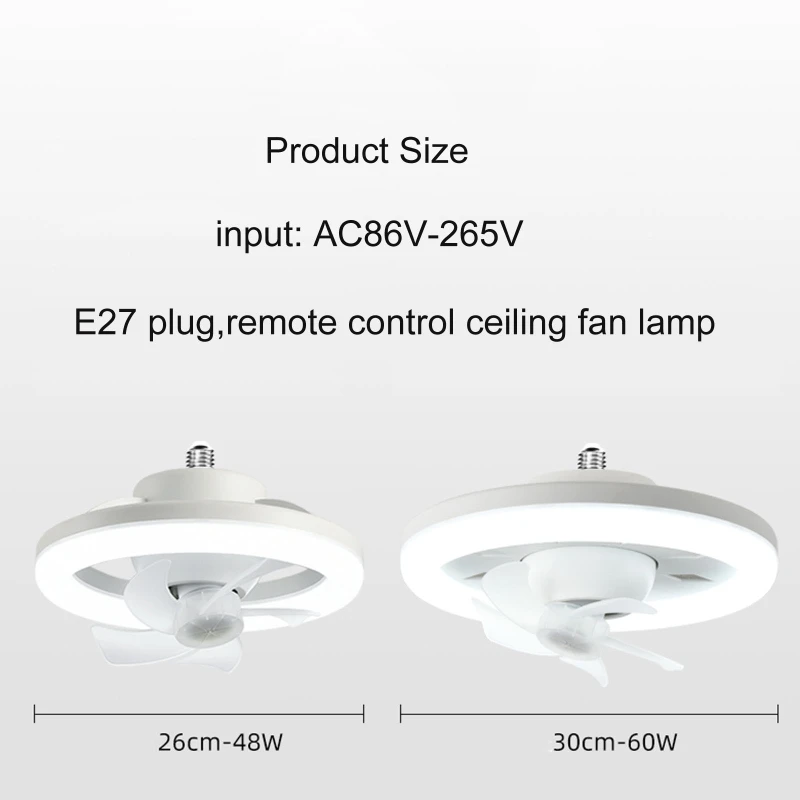 Потолочный вентилятор с вращающимся на 360 градусов потолочным вентилятором с дистанционным управлением и держателем лампы E27 3000-6000k для кабинета, спальни, ванной комнаты