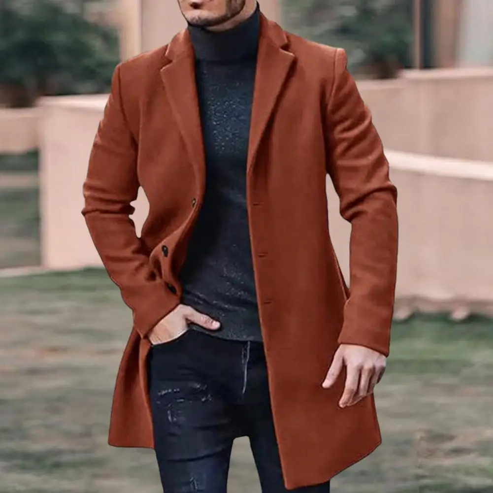 Теплое мужское пальто, куртка, стильное мужское зимнее пальто, куртка с лацканами на пуговицах для повседневного комфорта и тепла, однотонный жакет с длинным рукавом